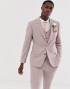 Asos Design Wedding Skinny Suit Jacket In Pink Herringbone-gray