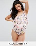 Asos Maternity Ruffle One Shoulder Swimsuit In Pretty Bird Print - Multi