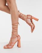 Asos Design Nilo Knotted Tie Leg Heeled Sandals In Apricot-orange