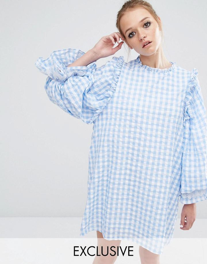 Sister Jane Checkmate Gingham Dress Extreme Sleeve Smock Dress - Blue
