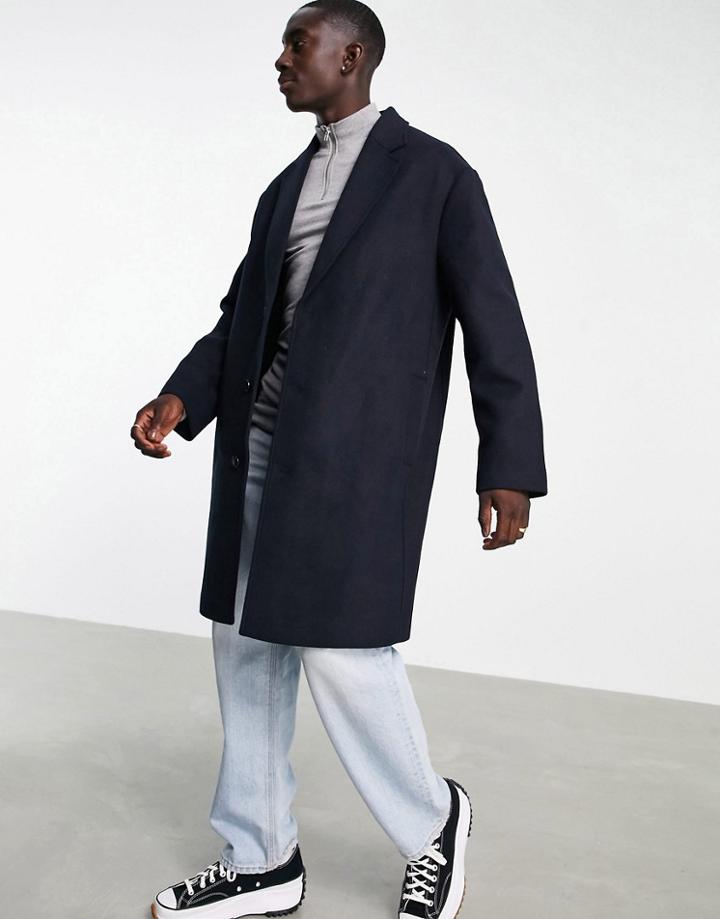 Asos Design Relaxed Fit Wool Mix Overcoat In Navy