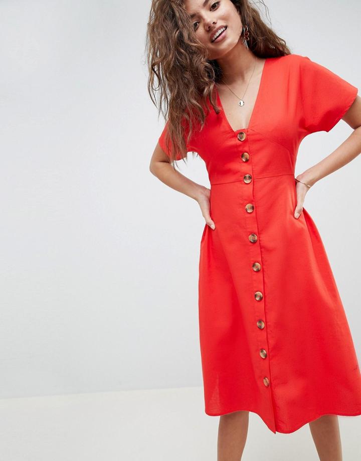 Asos Design Button Through Midi Casual Skater Dress - Red