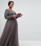 Maya Plus Long Sleeve Wrap Front Maxi Dress With Delicate Sequin And Tulle Skirt In Charcoal - Gray