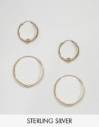Asos Gold Plated Sterling Silver Pack Of 2 Ball Hoop Earrings 9mm & 14mm - Gold