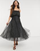 Forever U Organza Ruffle Midi Dress With Gold Dots In Black