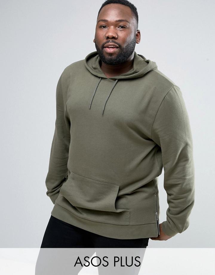 Asos Plus Longline Hoodie With Side Zips In Khaki - Green