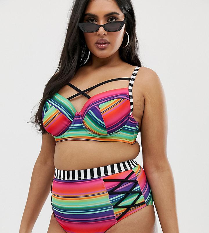 Asos Design Curve Supportive High Waist Lattice Bikini Bottom In Multi Stripe Print
