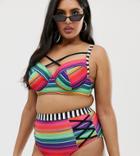 Asos Design Curve Supportive High Waist Lattice Bikini Bottom In Multi Stripe Print