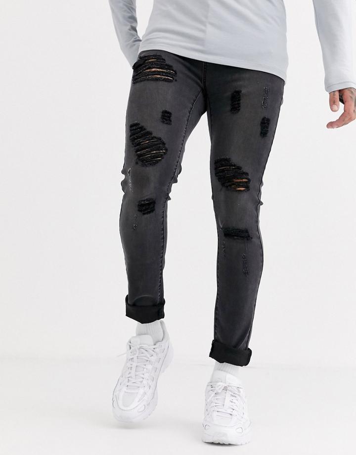 Liquor N Poker Skinny Fit Jeans With Rips In Dark Gray Wash-blue
