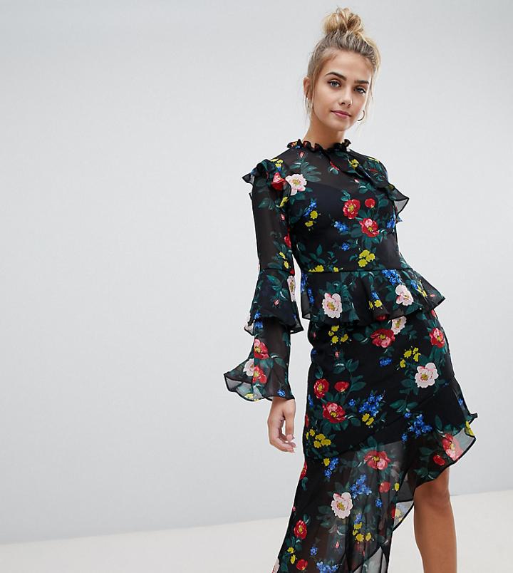 Miss Selfridge Floral Print Asymmetric Ruffle Detail Midi Dress
