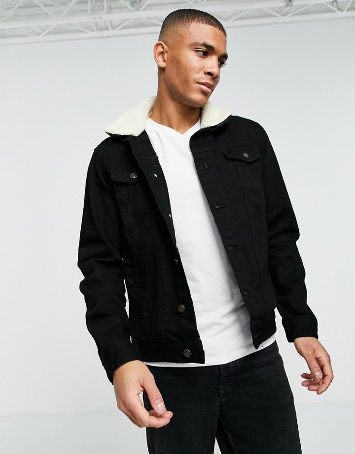 Brave Soul Denim Jacket In Black With Detachable Fleece Collar