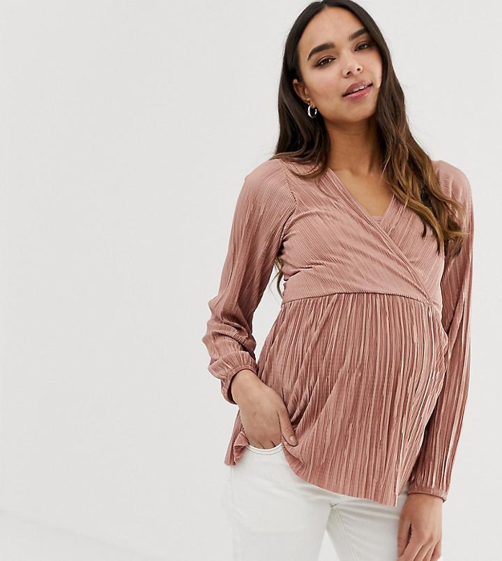 Asos Design Maternity Nursing Plisse Top With Peplum In Dusky Pink