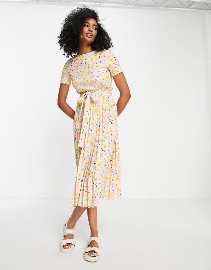 Asos Design Pleated Midi Dress With Short Sleeves In Pastel Ditsy Print-multi