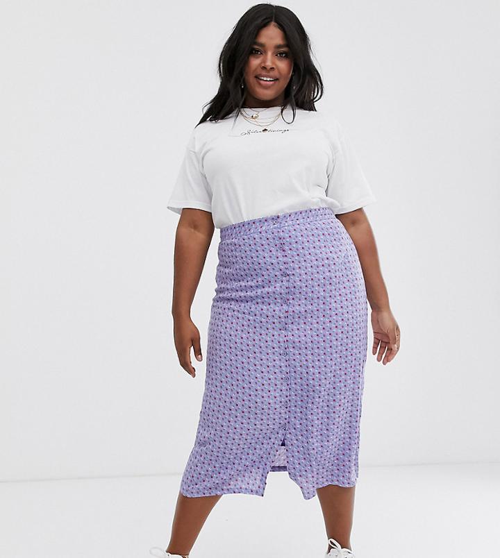 Daisy Street Plus Button Through Midi Skirt In Vintage Ditsy Floral-purple
