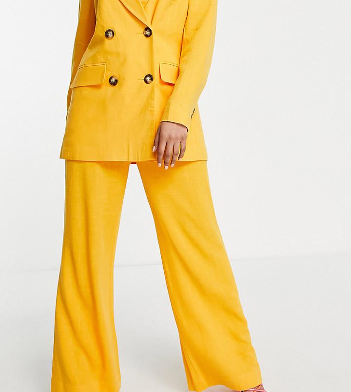 Asos Design Petite Linen Wide Leg Relaxed Flare Suit Pants In Citrus-orange