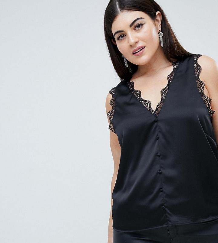 Outrageous Fortune Plus Lace Trim Cami With Button Detail - Black