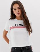 Asos Design T-shirt With Stripe And Femme Motif - White
