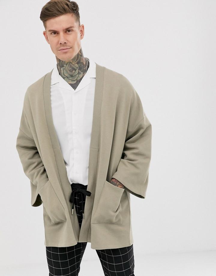 Asos Design Jersey Kimono Cardigan In Light Khaki - Green