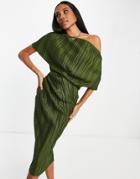 Asos Design Fallen Shoulder Plisse Midi Dress In Khaki-green