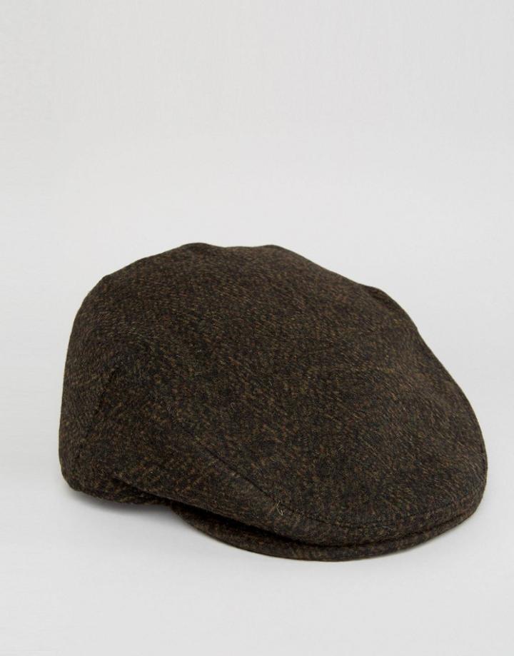 Asos Flat Cap In Brown Herringbone - Brown