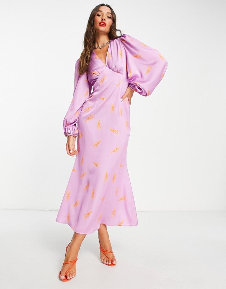 Never Fully Dressed Exclusive Balloon Sleeve Maxi Dress In Orange Lobster Print-purple