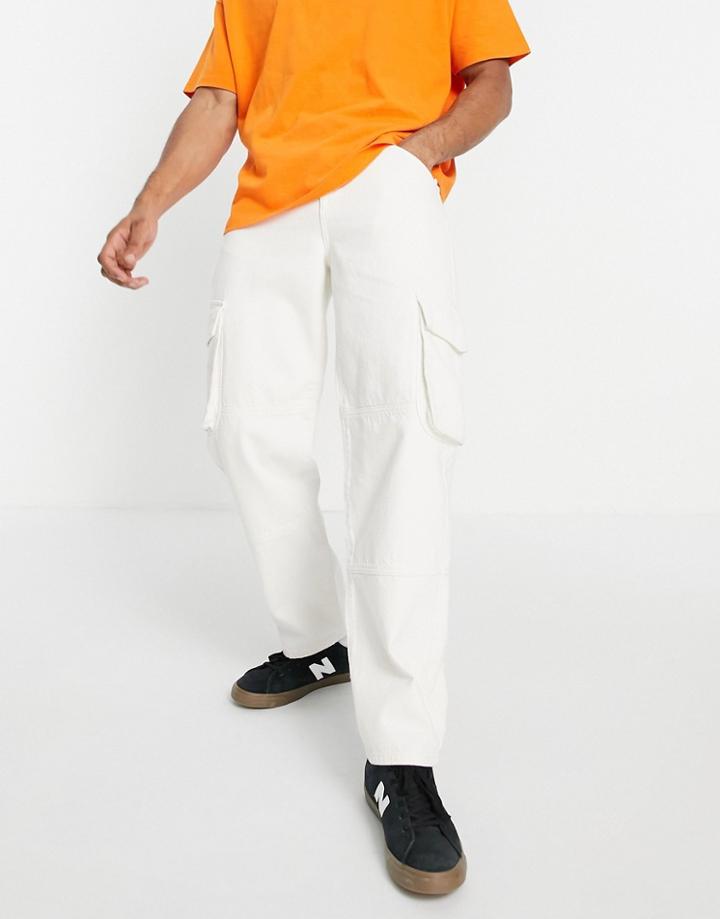 Asos Design Baggy Jeans In Ecru With Cargo Pockets And Paneling-white