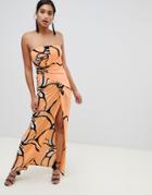 Asos Design Bandeau Printed Maxi Dress - Orange