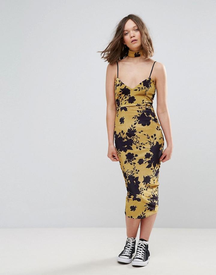 Daisy Street Velvet Floral Bodycon Dress - Yellow