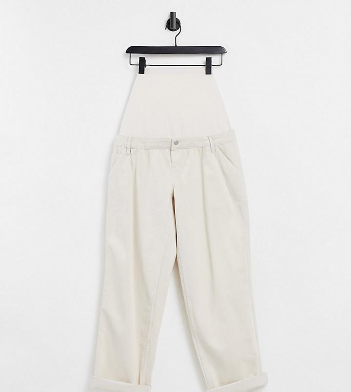 Asos Design Maternity Slouchy Chino Pants In Cream With Over The Bump Band-white