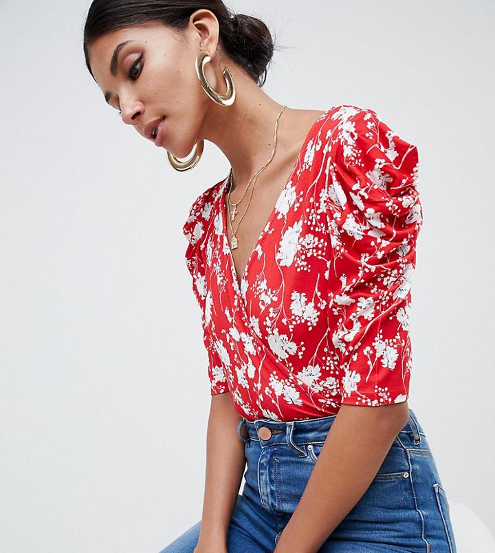Asos Design Tall Top With Puff Sleeve And Wrap Detail In Red Base Floral - Multi