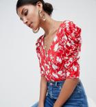 Asos Design Tall Top With Puff Sleeve And Wrap Detail In Red Base Floral - Multi