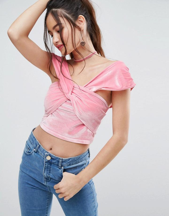 Asos Off Shoulder Top In Velvet - Pink