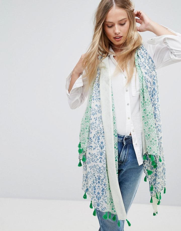 Yumi Distsy Print Scarf With Tassel Trim - Green