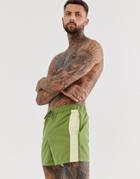 Asos Design Swim Shorts In Khaki With White Side Stripe In Short Length-green