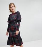 True Violet Pep Hem Midi Dress With Long Sleeves - Multi