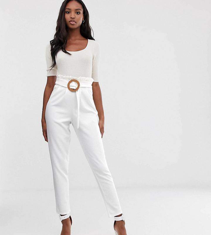 Asos Design Tall Paperbag Waist Pants With Rattan Belt-white