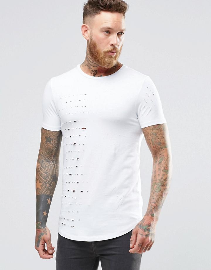 Asos Longline Muscle T-shirt With Speckle Distress And Curved Hem In White - White