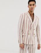 Asos Design Skinny Double Breasted Suit Jacket In Cream Linen Stripe-white