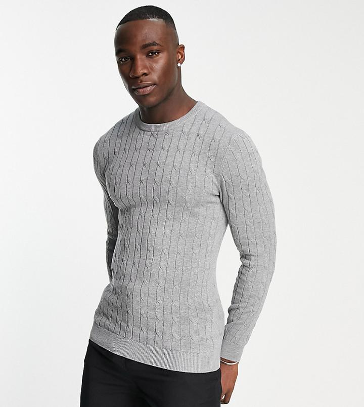 Gianni Feraud Tall Premium Muscle Fit Crew Neck Cable Sweater-gray