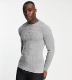 Gianni Feraud Tall Premium Muscle Fit Crew Neck Cable Sweater-gray