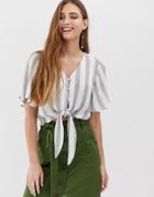 Brave Soul Dani Stripe Top With Covered Buttons - Gray