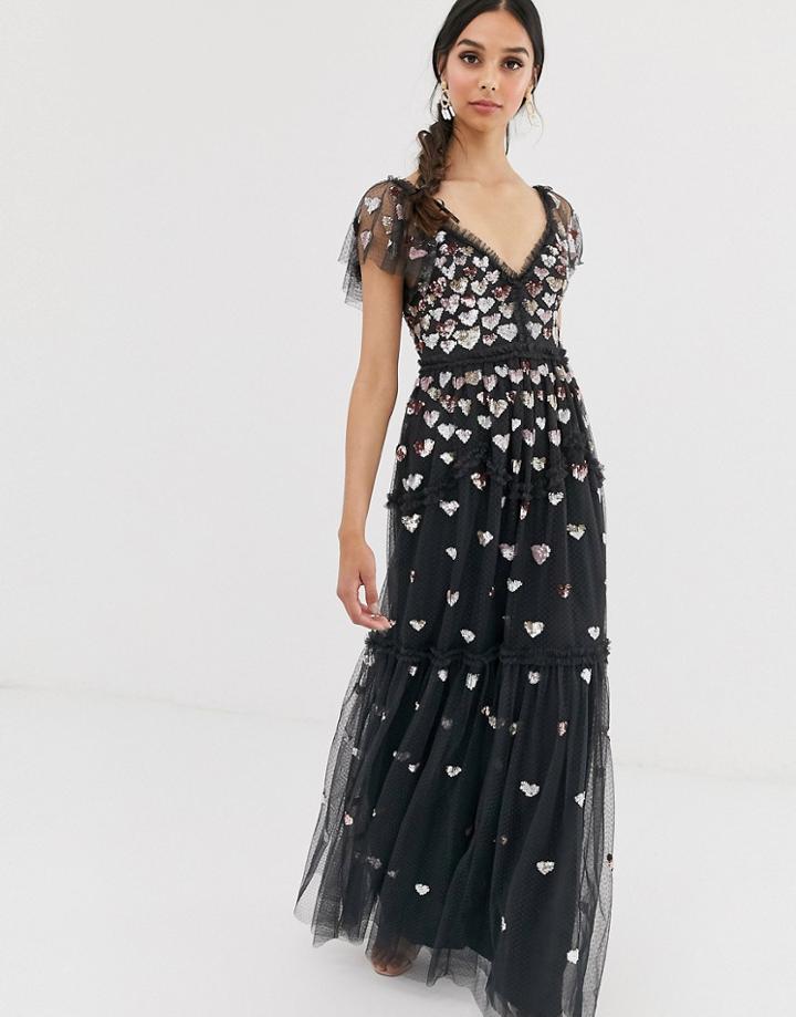 Needle & Thread Love Heart Maxi Dress In Black