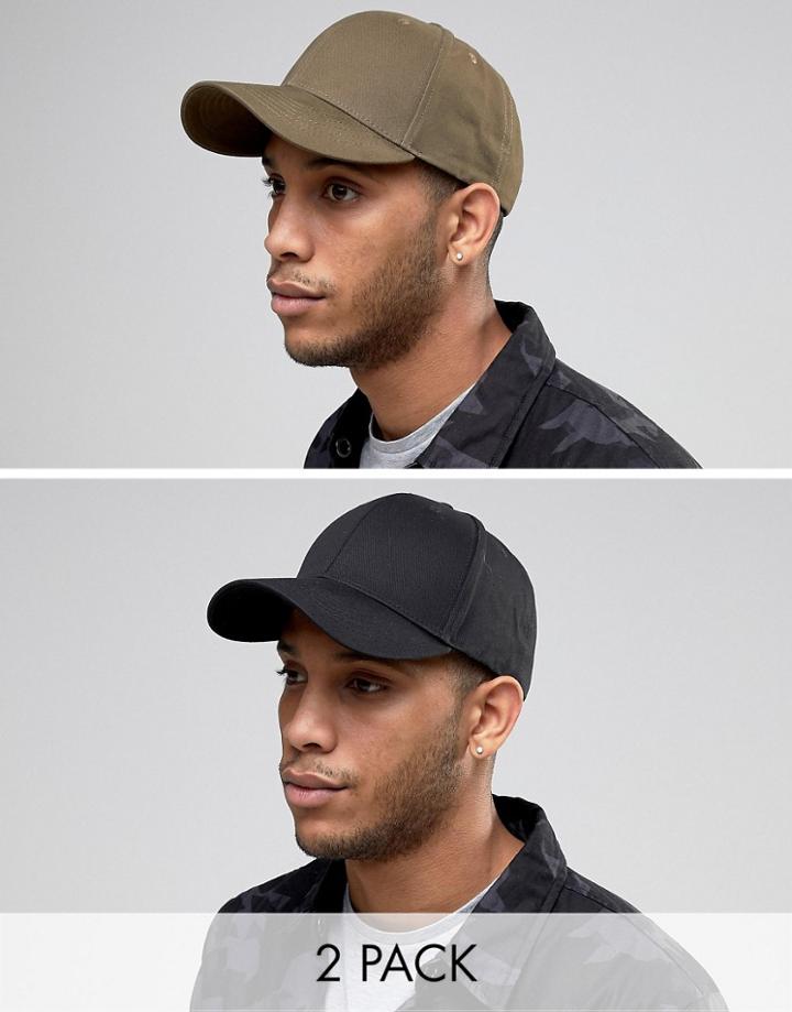 Asos 2 Pack Baseball Cap In Black And Khaki Save - Multi