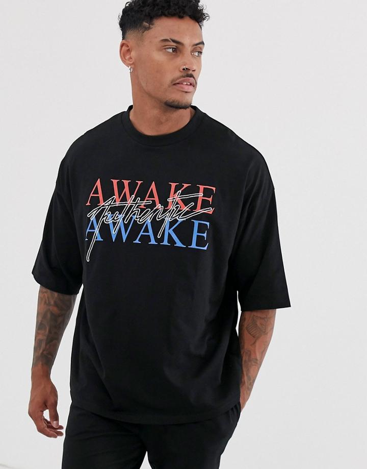 Asos Design Oversized T-shirt With Text Print And Embroidery - Black