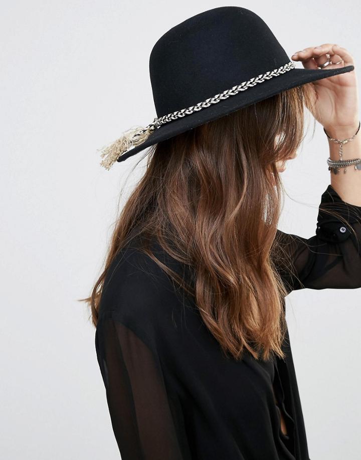 Brixton Wide Brim Felt Hat With Tassle Band In Black - Black