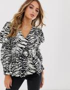 Asos Design V Neck Top With Belt Detail In Tiger Animal Print - Multi