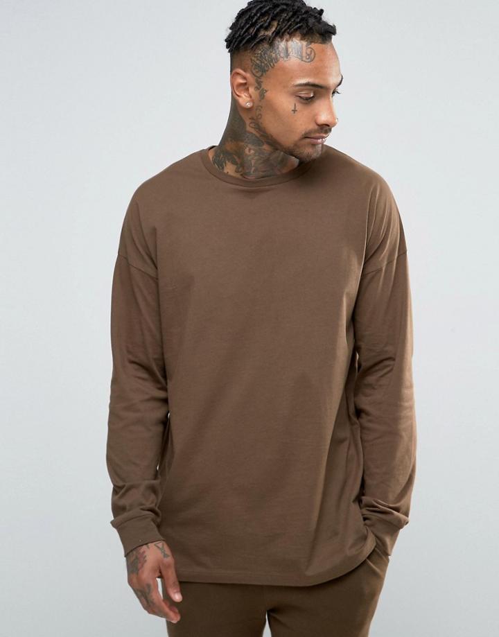 Asos Oversized Long Sleeve T-shirt In Brown - Brown