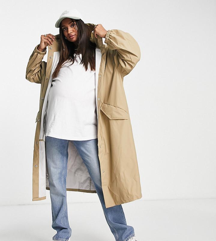 Asos Design Maternity Rubberized Rain Parka In Stone-green