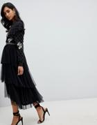 Frock And Frill Embroidered Tulle Midi Skirt In Black - Black