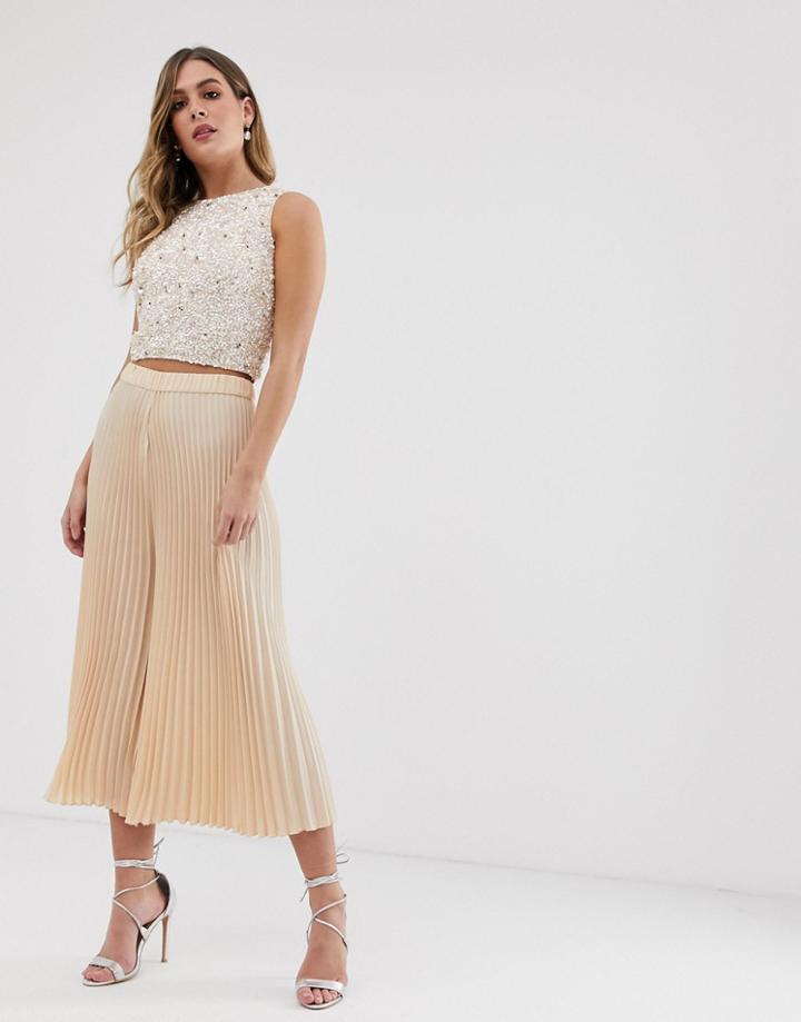 Lace & Beads Culottes In Beige - Pink